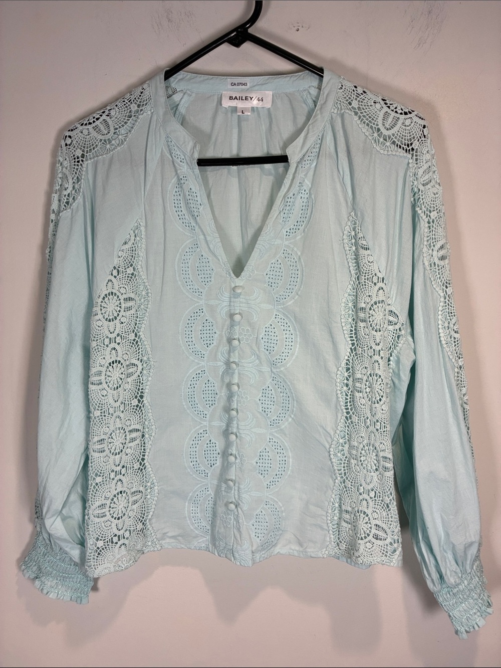 Bailey 44 Mint Crochet Lace Cotton Boho Blouse Top Size L Turquoise light blue
